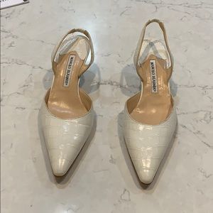 Manolo Blahnik Alligator Bone White Slingbacks